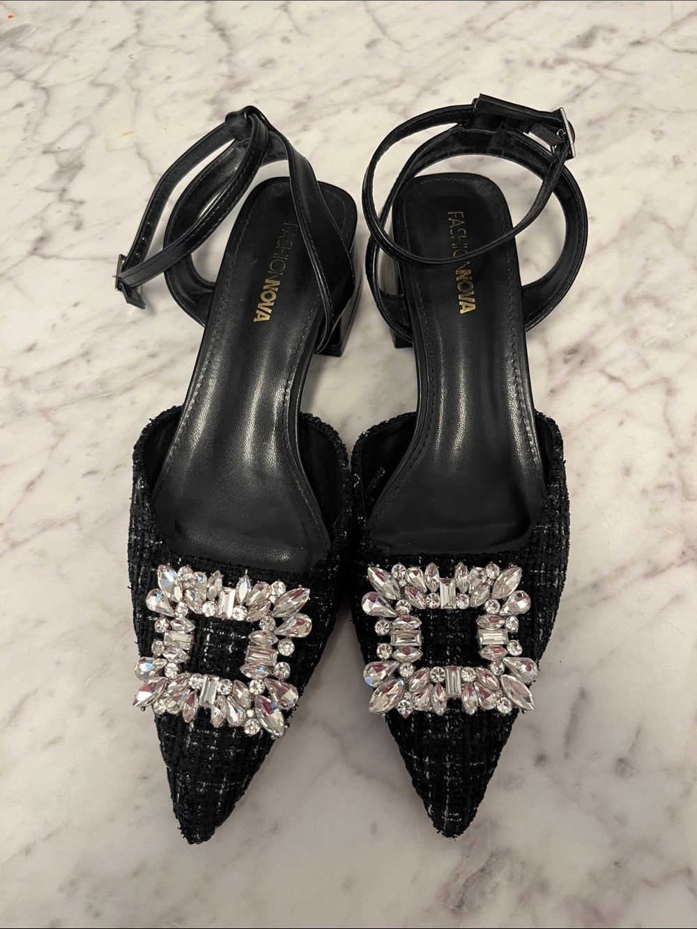 Fashion Nova Black Crystal Buckle Pointed Toe Ankle-Strap Heels